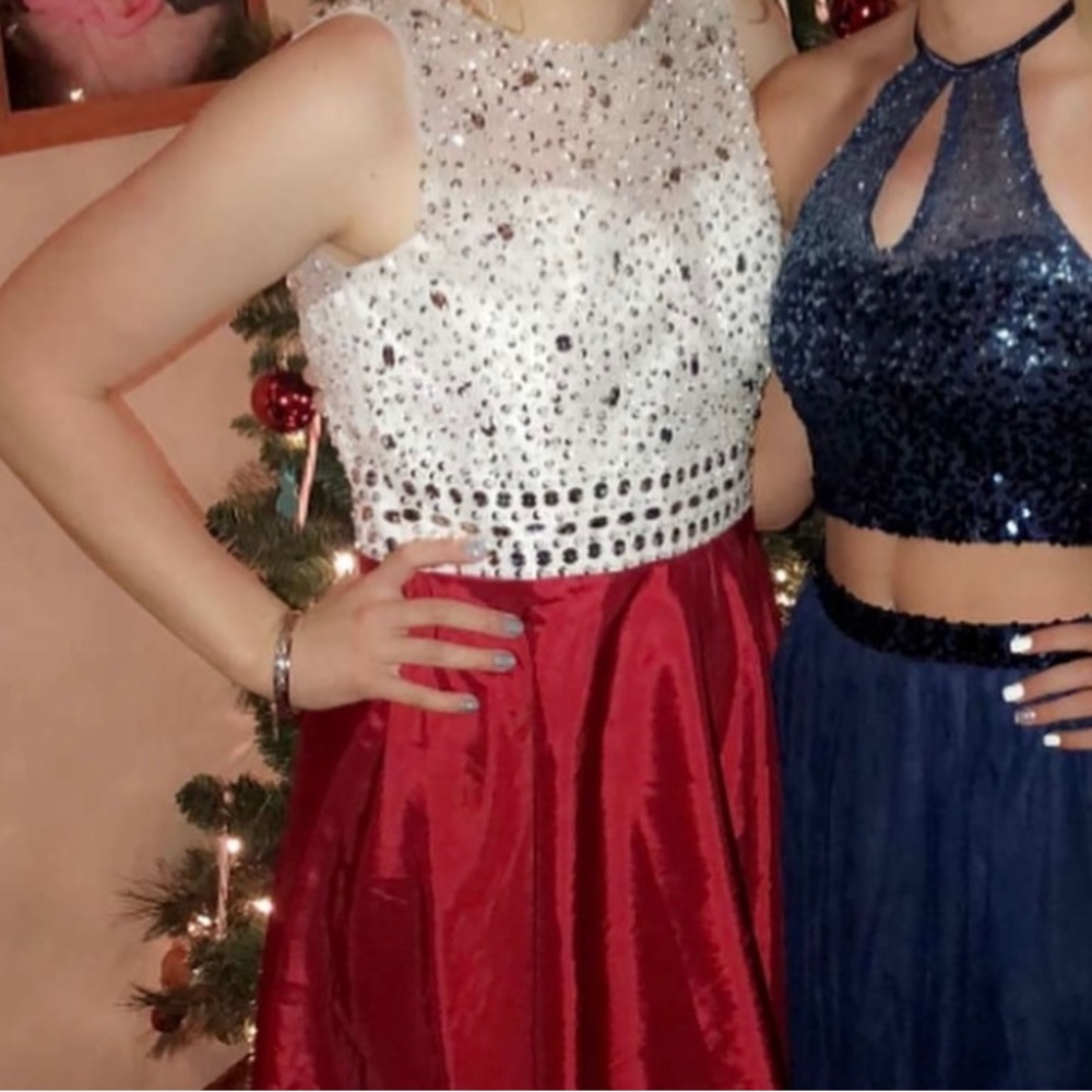 White & Red Beaded Hoco Dress